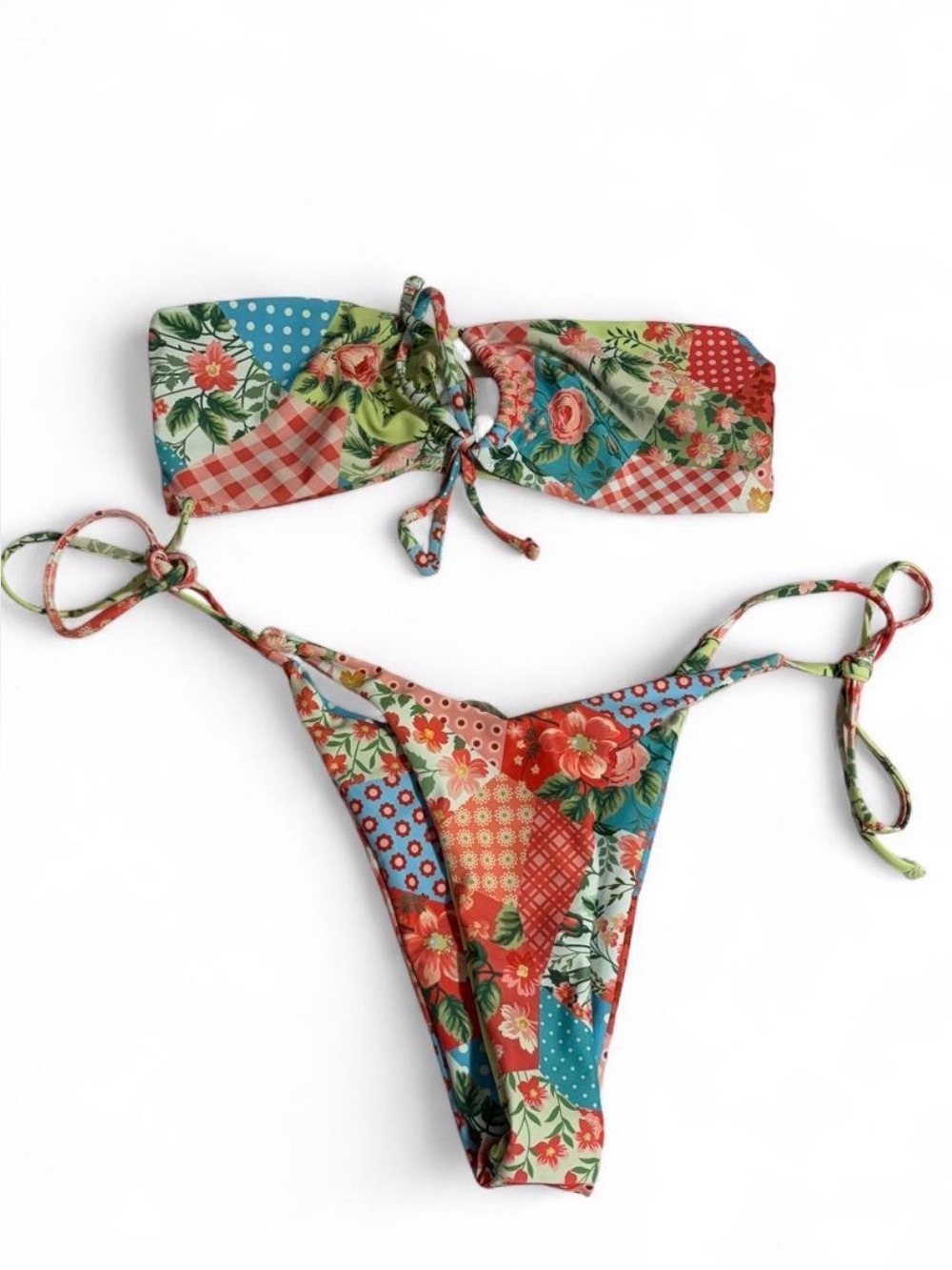 Floral Patchwork Tie-Side Bikini Set - Multicolor